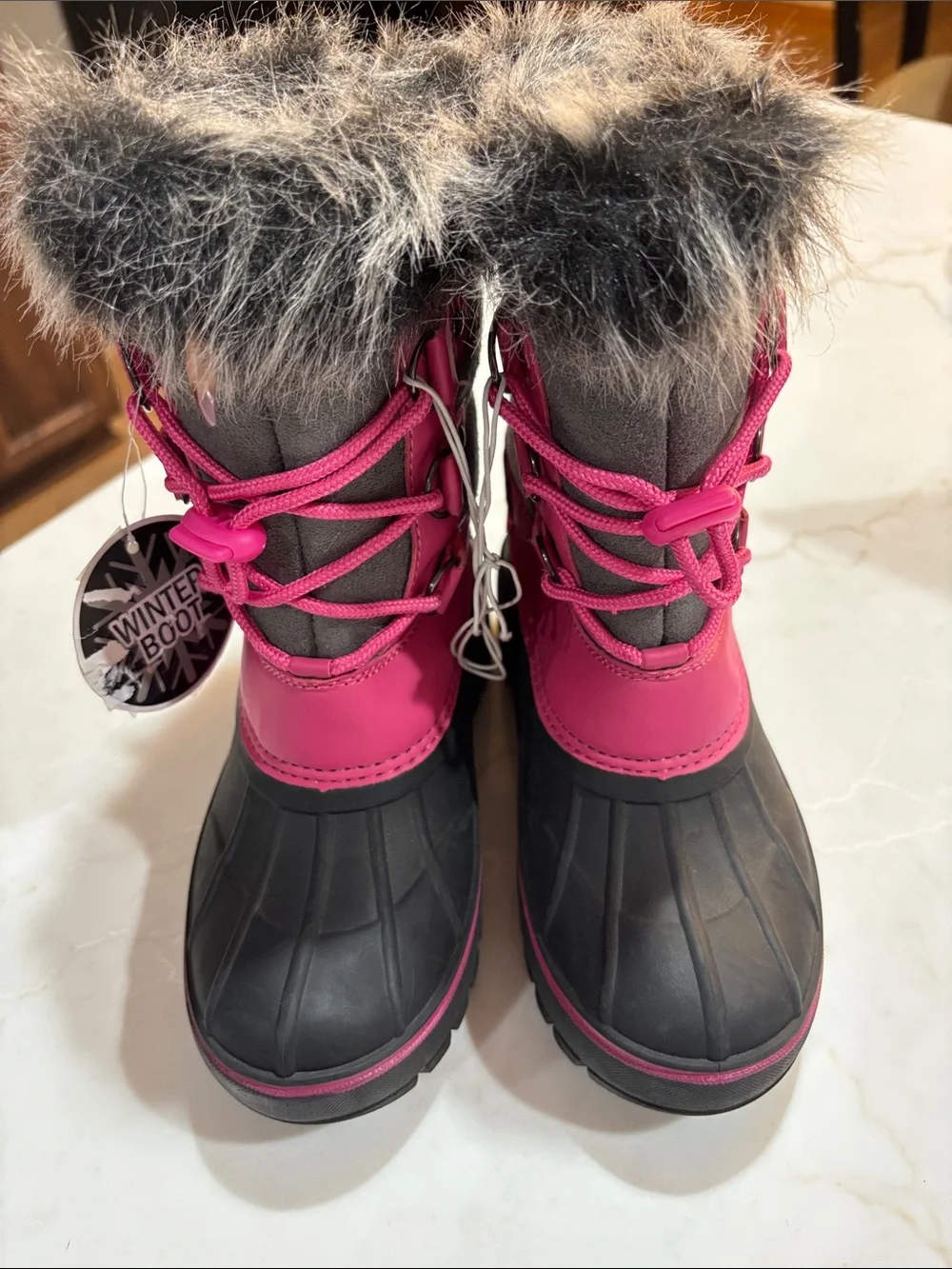 Kids Winter Snow Boots - Pink and Gray Faux Fur Girl's Size 2